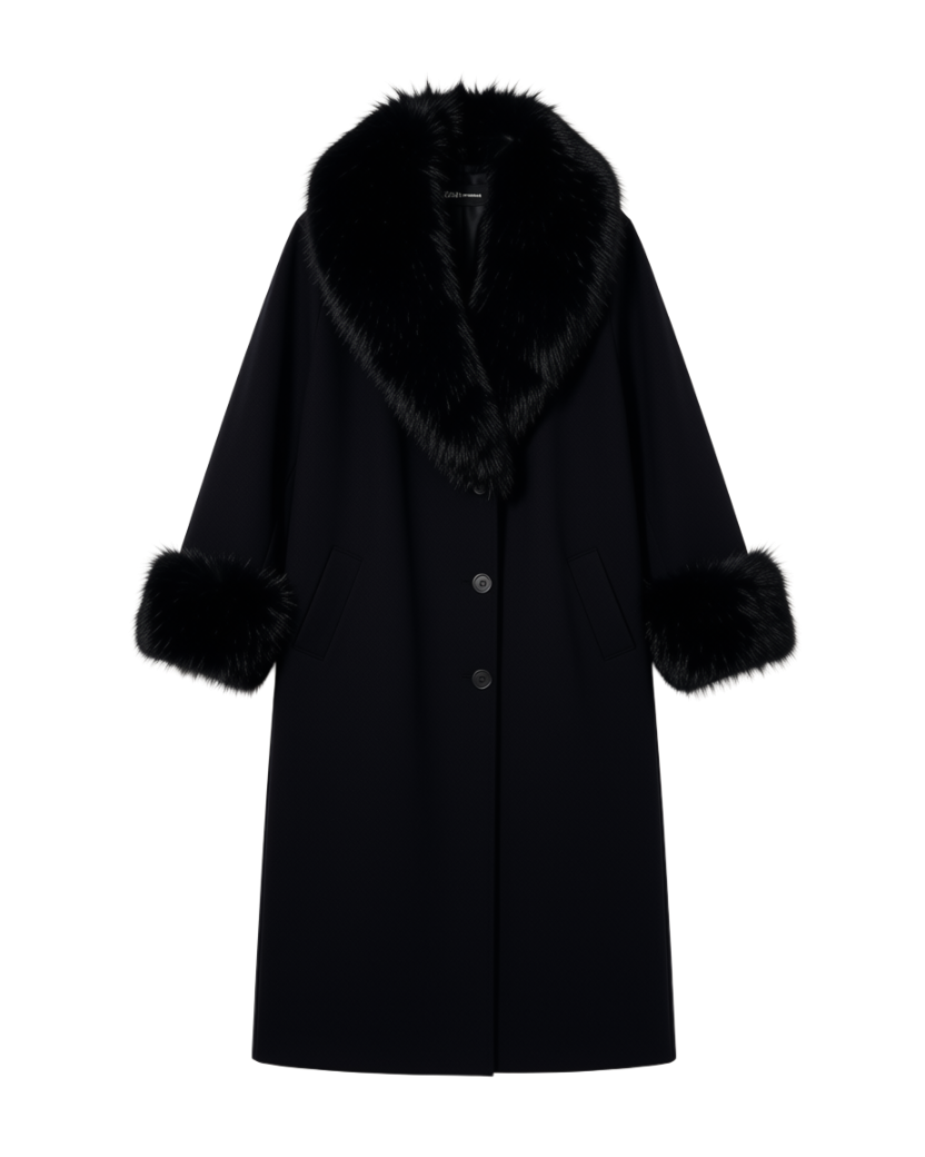 midi black coat with fur around the collar and cuffs of sleeves