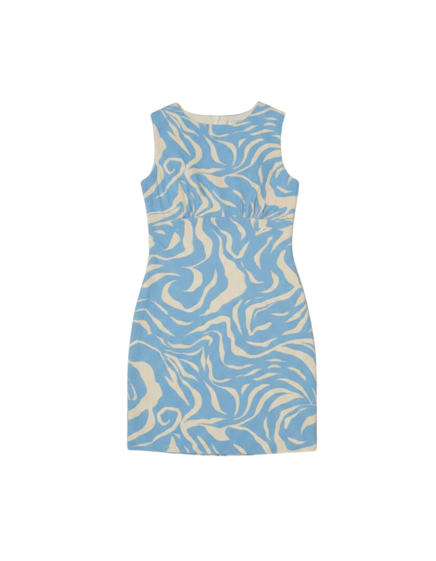 mini dress with high neck and blue and cream swirl pattern