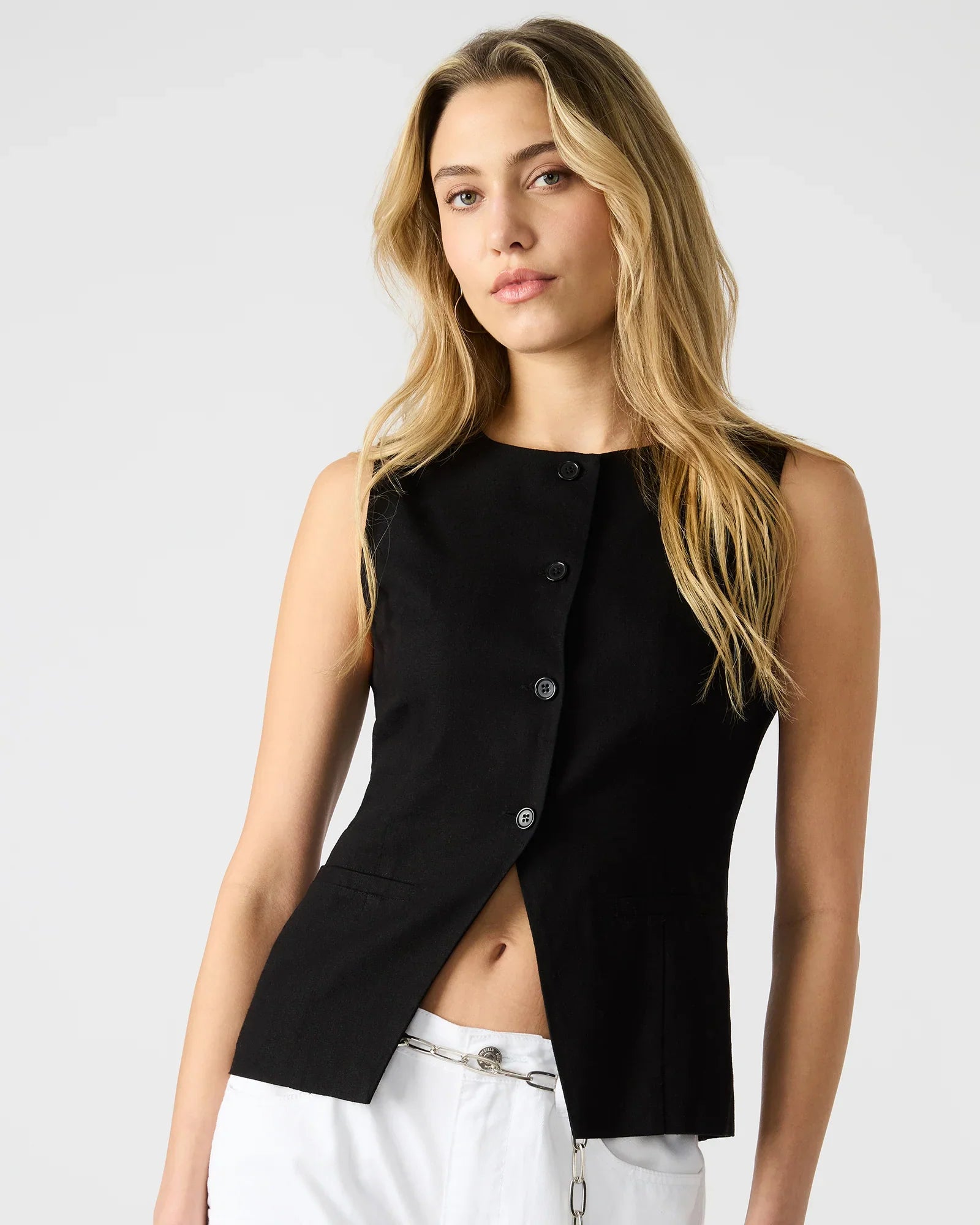 black vest in black with button down the front