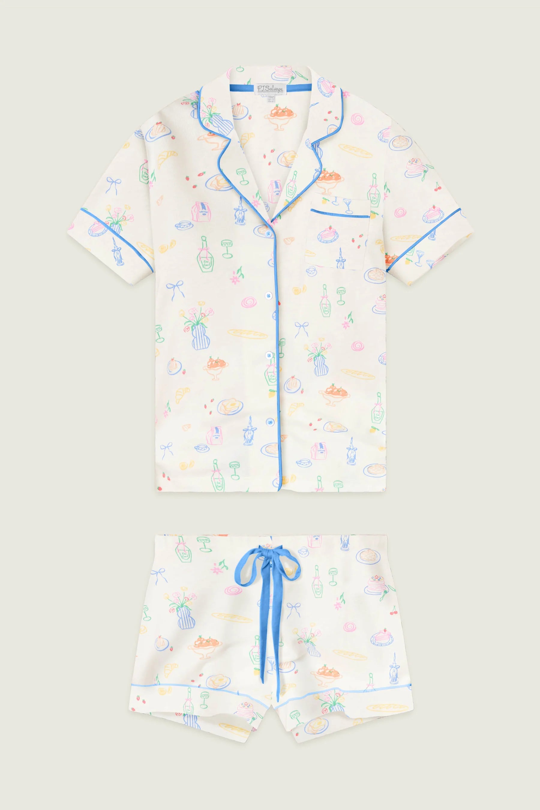pj short and top set in white with colourful prints all over