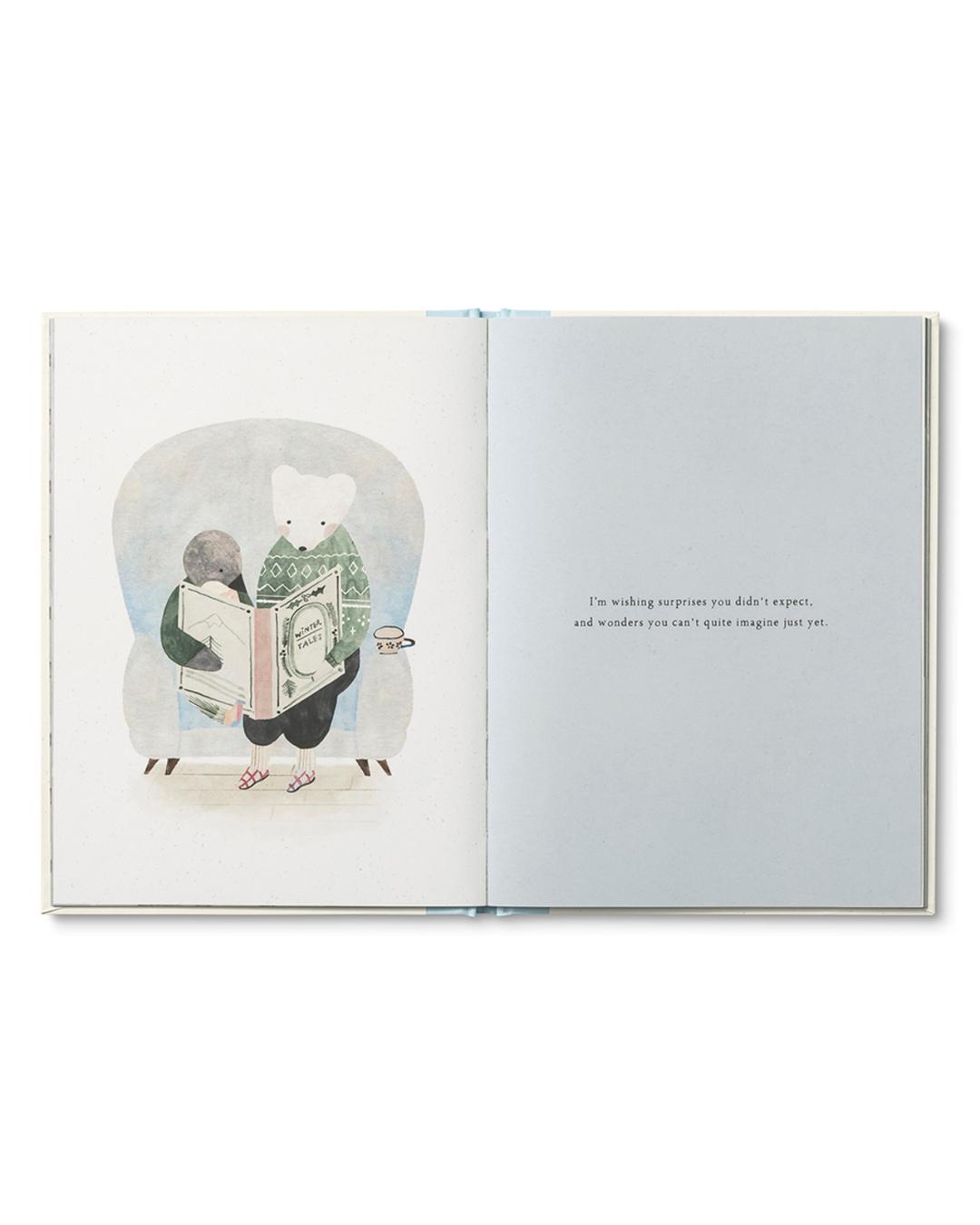 Open book with illustration of a person reading a book inside a glass bubble, on a white background.