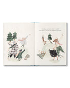 Illustrated book open to two pages with winter-themed illustrations of people and trees.
