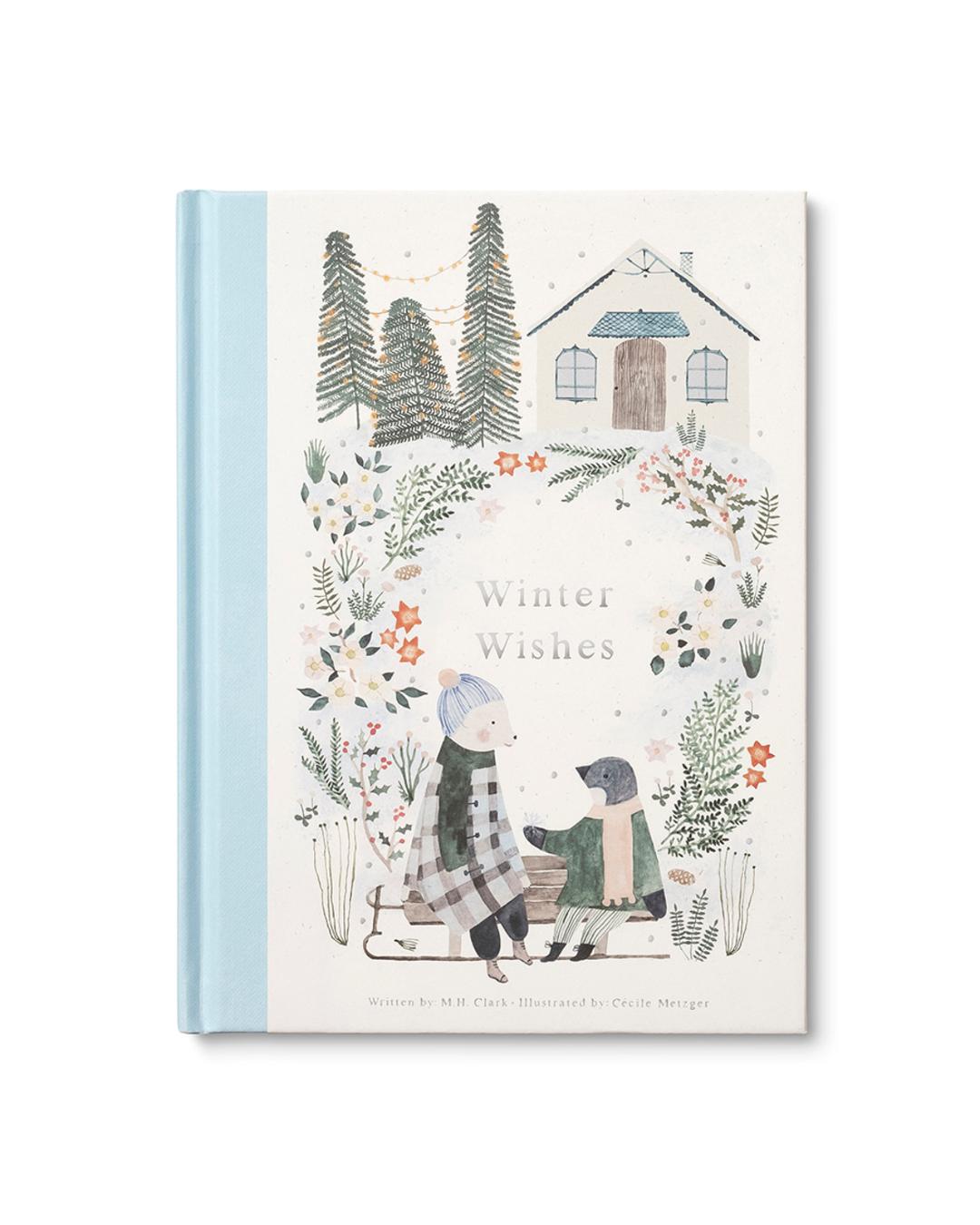 Book titled 'Winter Wishes' with illustrations of people and nature on a white background
