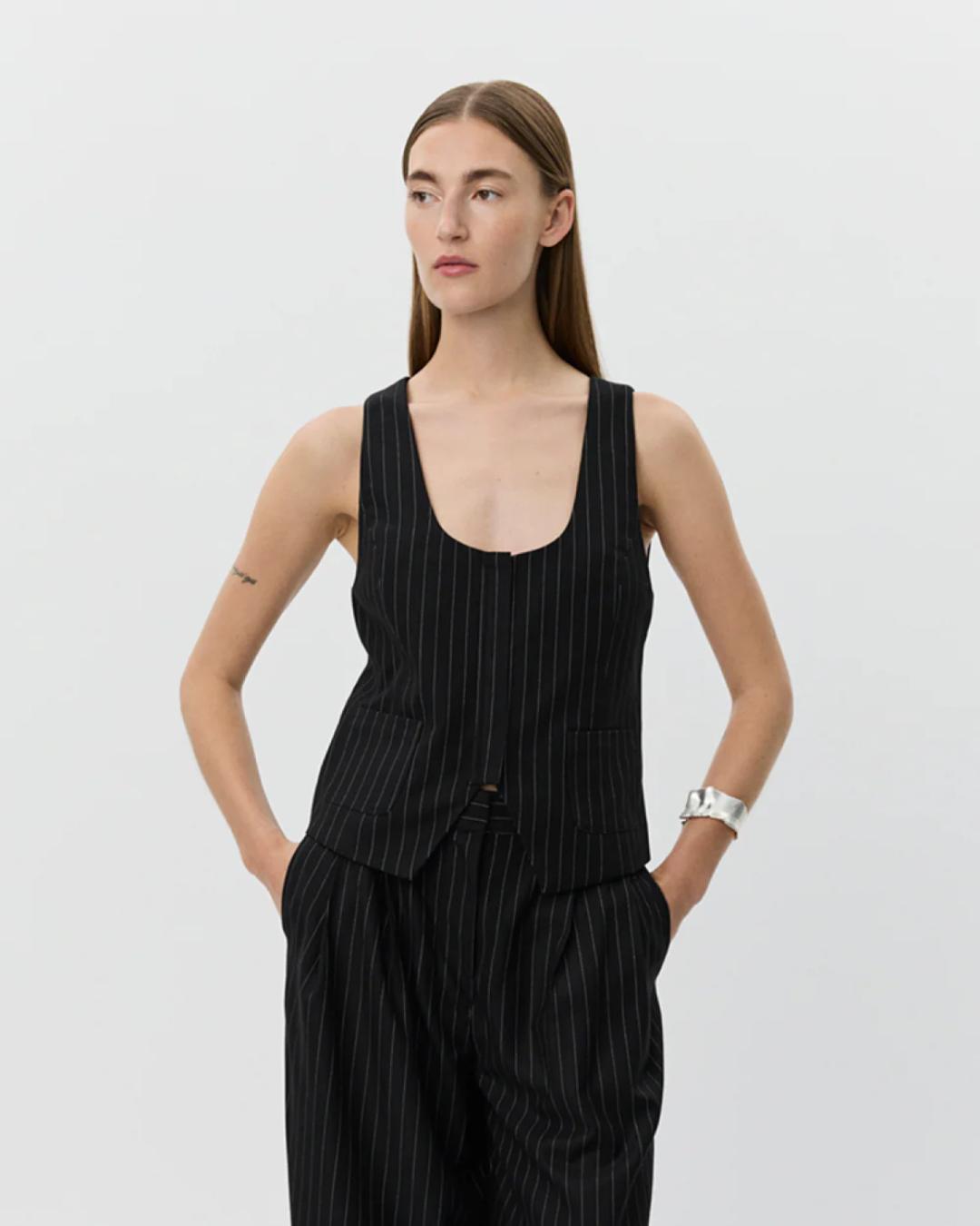 black suiting vest with white stripes