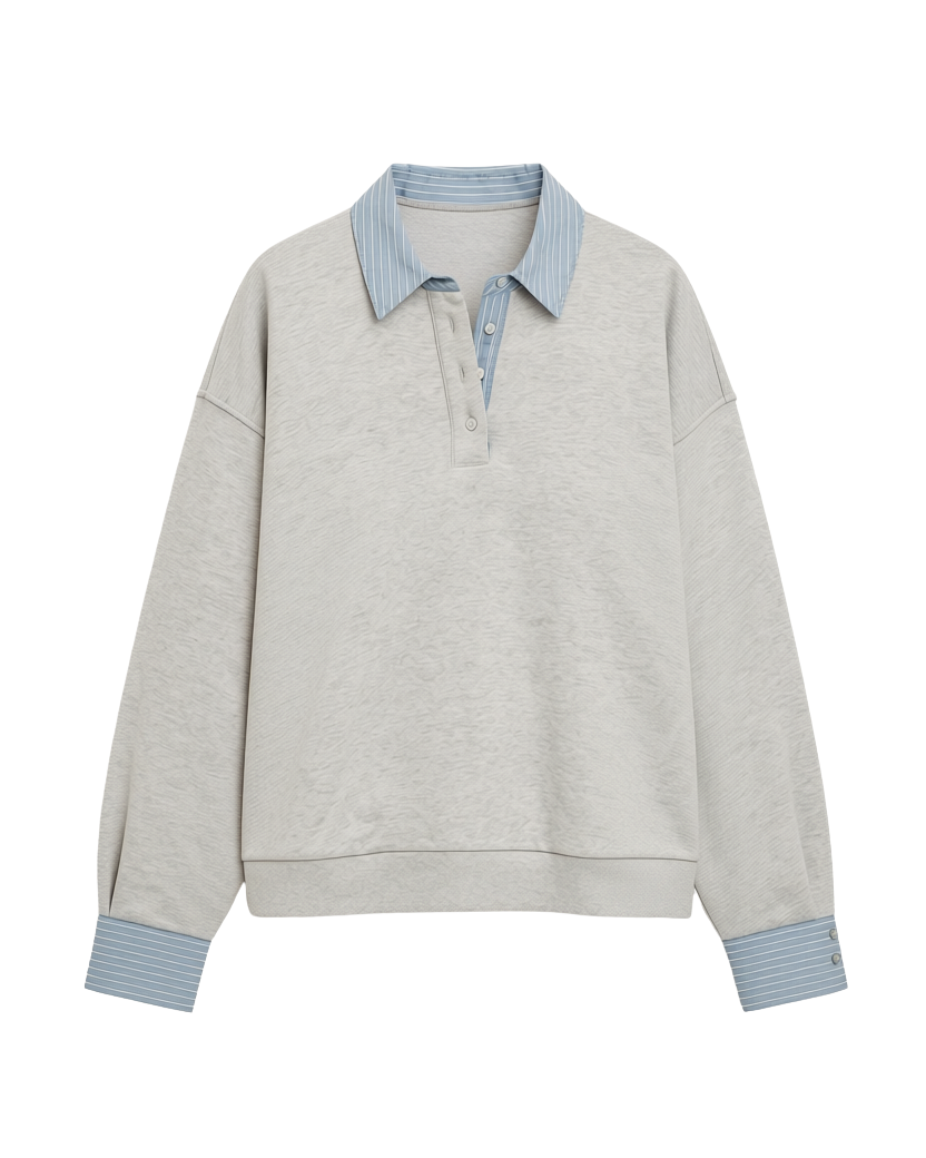 grey pullover sweatshirt with half buttons down and a blue striped collar