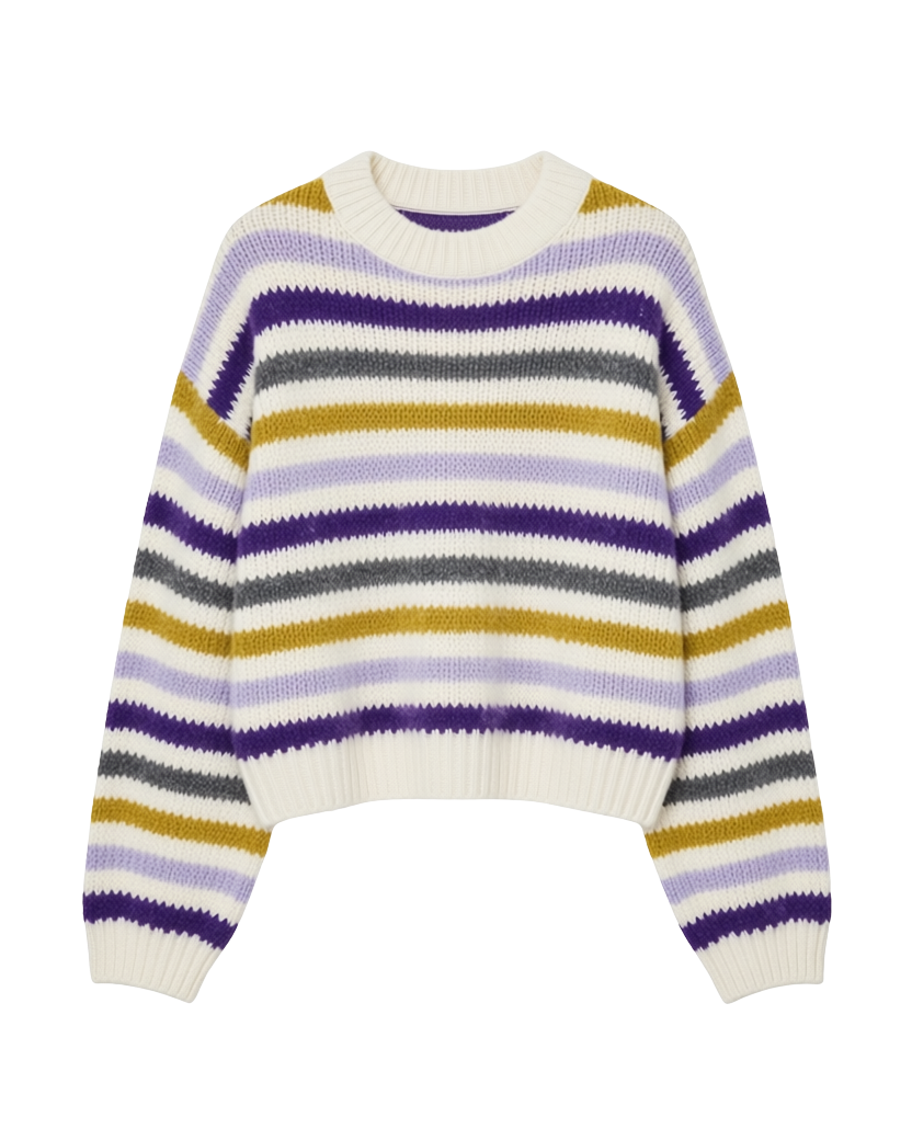 striped sweater in white, grey, brow and purple