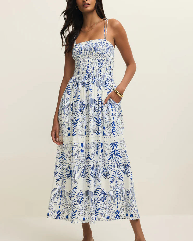 maxi white dress with blue patterns
