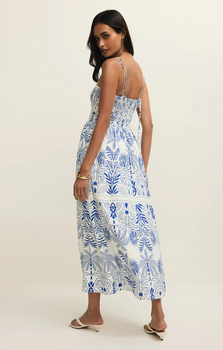 maxi white dress with blue patterns