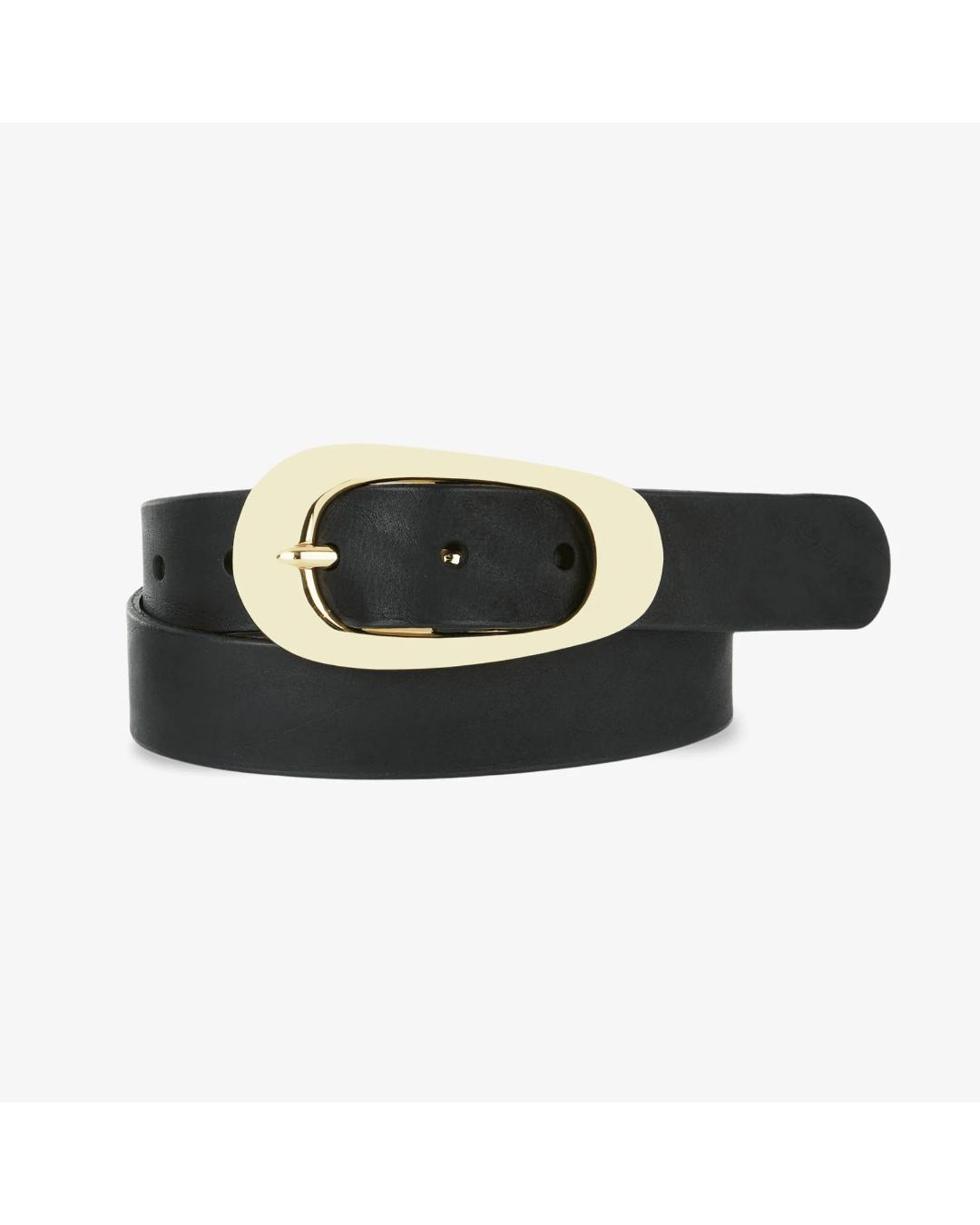black belt with circle buckle in gold