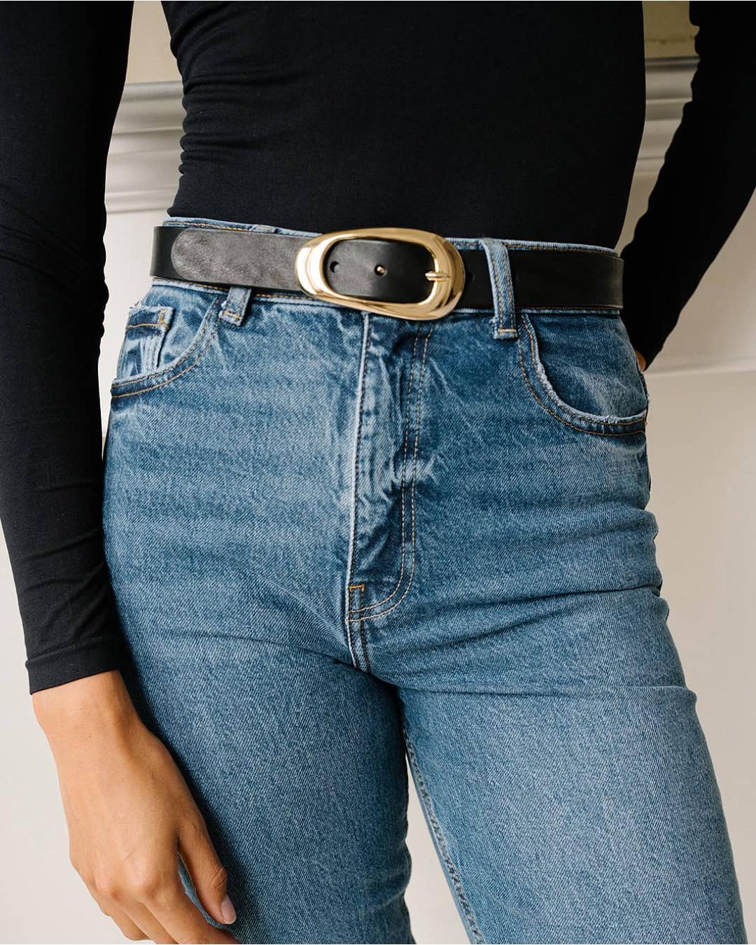 black belt with circle buckle in gold