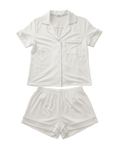 white short and shirt pj set with blue trim