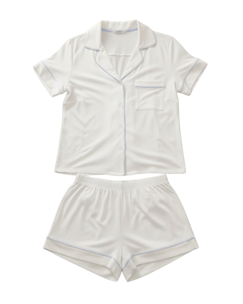 white short and shirt pj set with blue trim