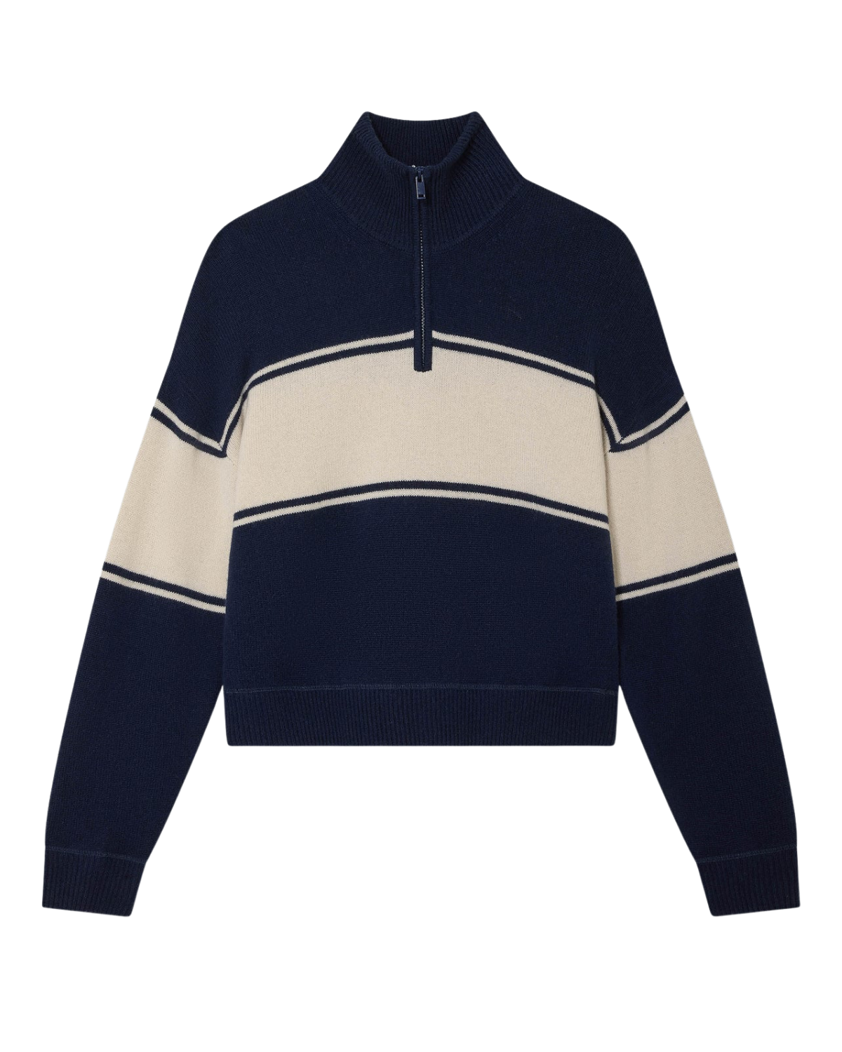 Woman wearing a navy and white striped cashmere sweater with quarter zip