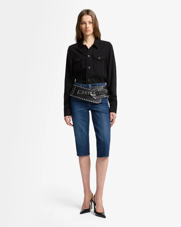 womens blue denim capri shorts by 7 for all Mankind