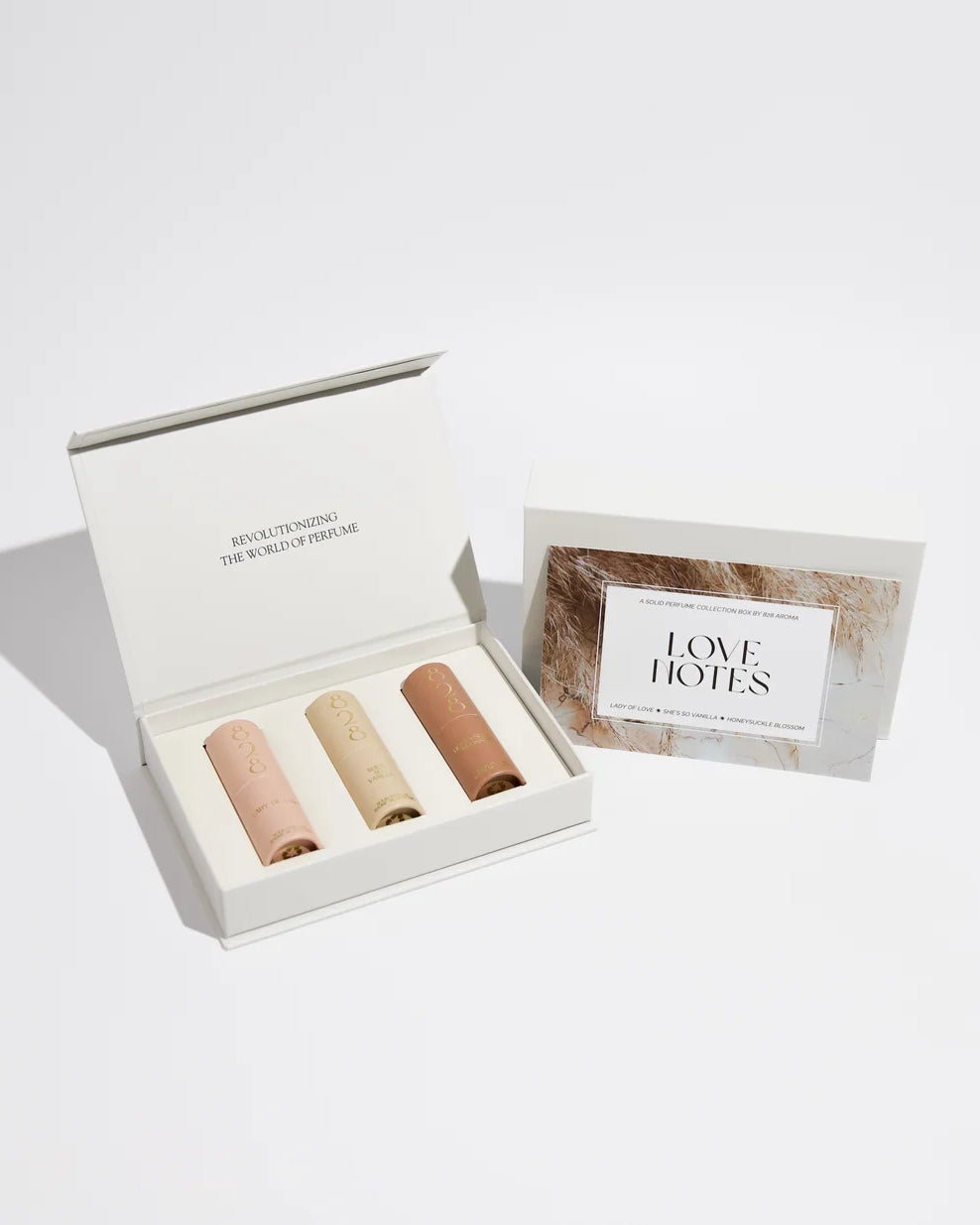 Set of three perfume samples in a box with 'Love Notes' packaging