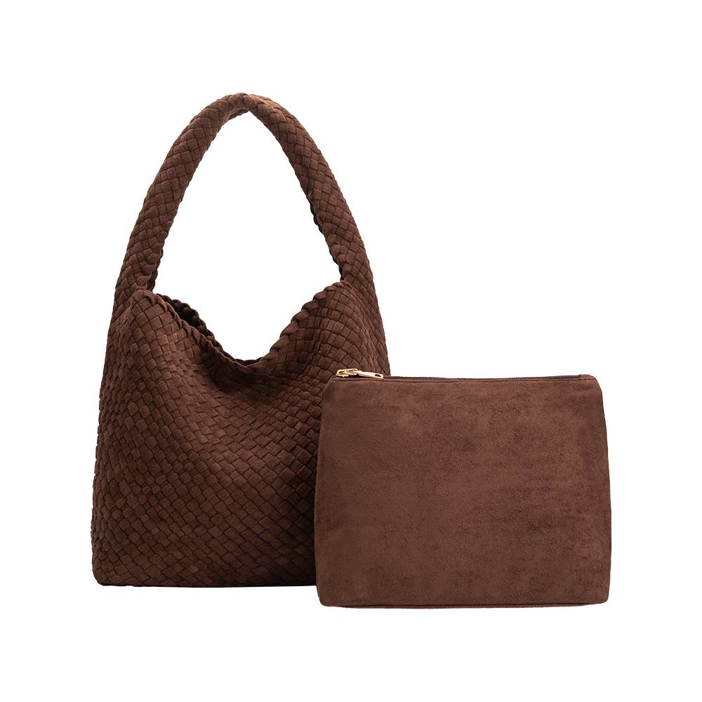 woven suede shoulder bag in brown