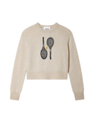 off white cashmere crewneck with embroidered tennis racquets on the front
