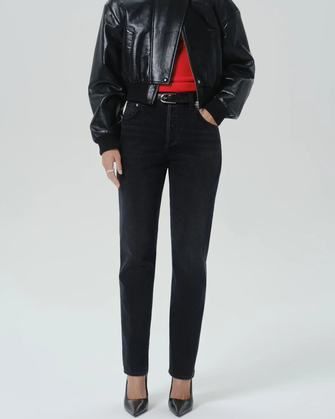 straight high rise black denim pant