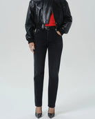 straight high rise black denim pant