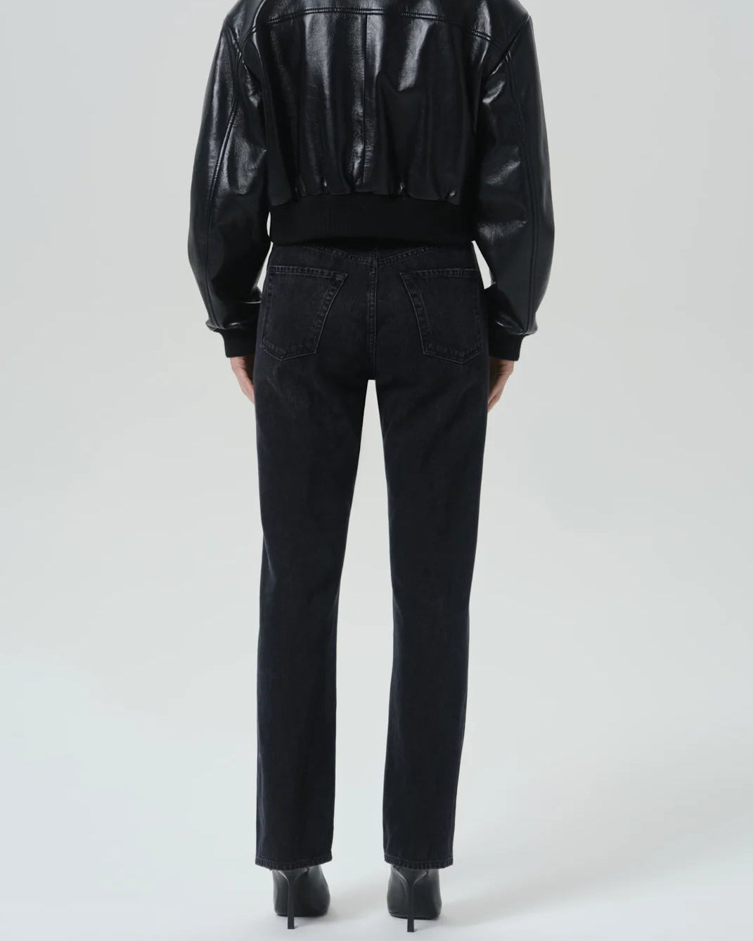 straight high rise black denim pant