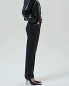 straight high rise black denim pant