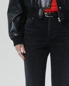straight high rise black denim pant