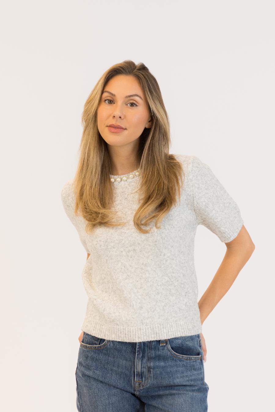 grey knit tee with pearls on the neck line