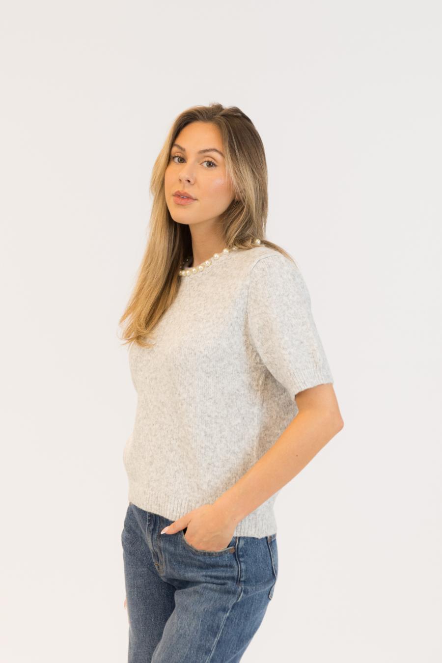 grey knit tee with pearls on the neck line
