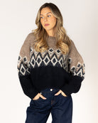 fairisle knit sweater in brown on the top and black on the bottom