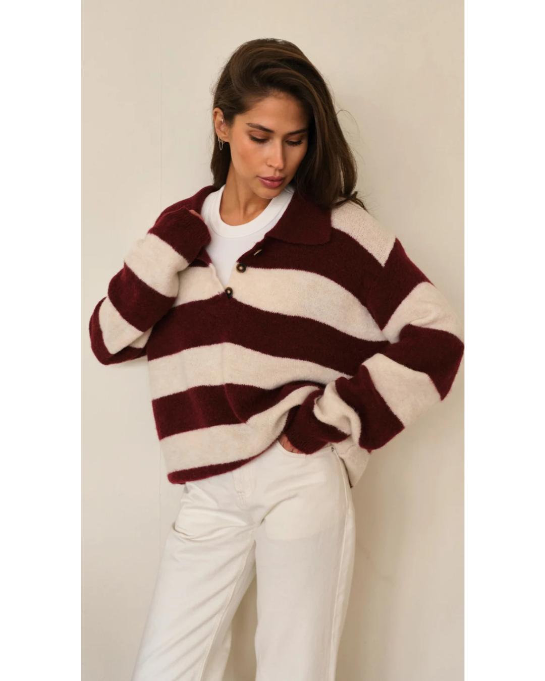 collar sweater with red and white stripes