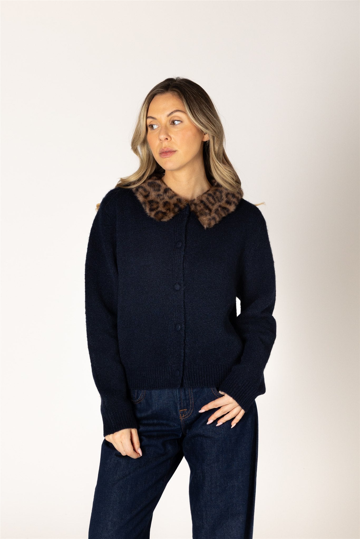 navy button up cardigan with leopard print fur collar