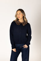 navy button up cardigan with leopard print fur collar