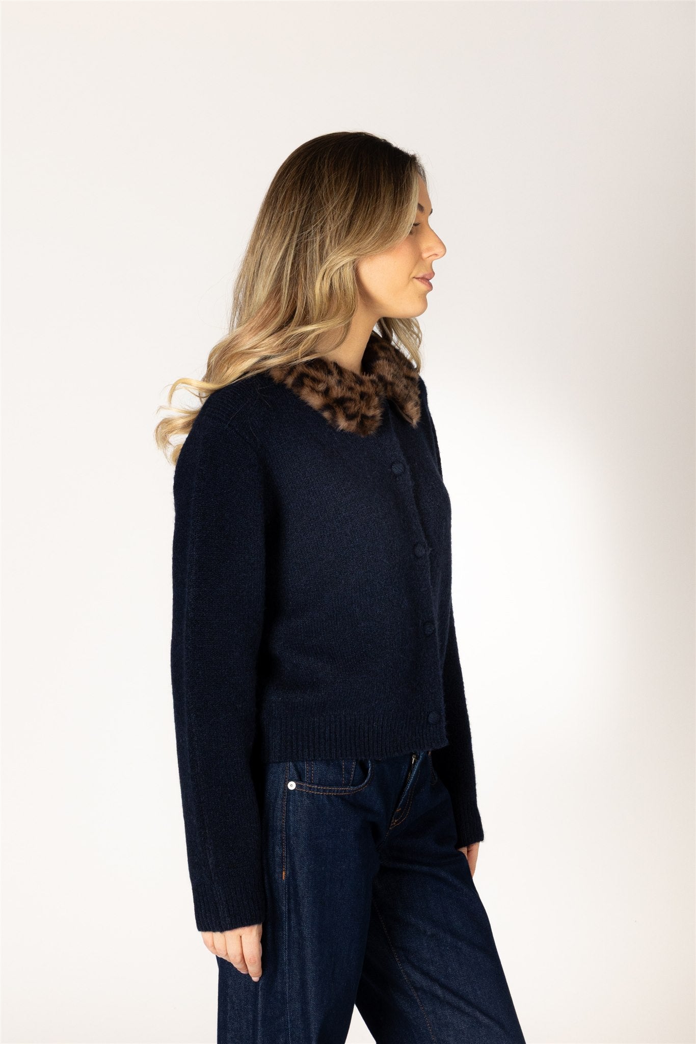 navy button up cardigan with leopard print fur collar
