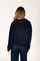 navy button up cardigan with leopard print fur collar
