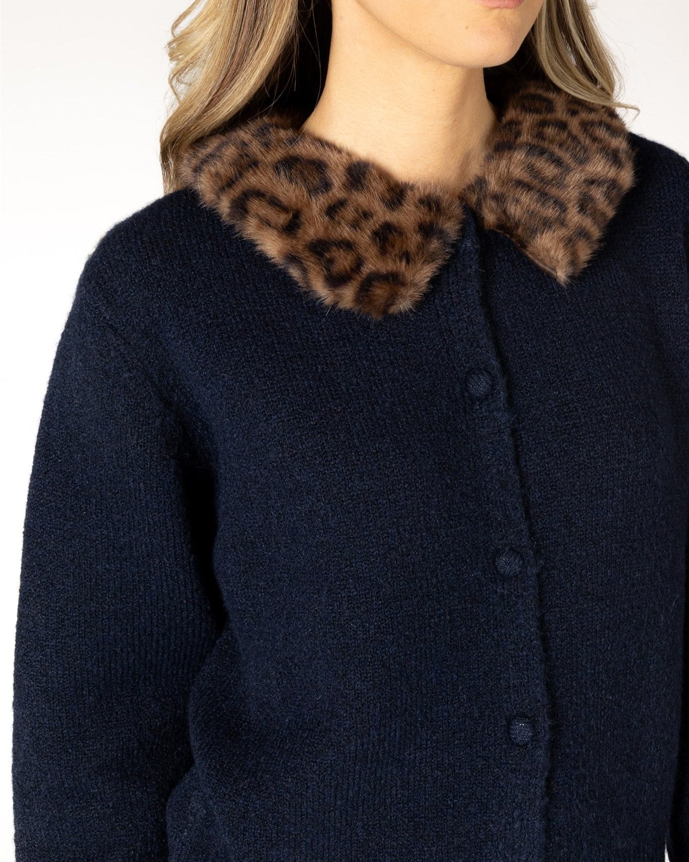 navy button up cardigan with leopard print fur collar