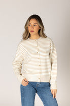 off white and beige striped cardigan