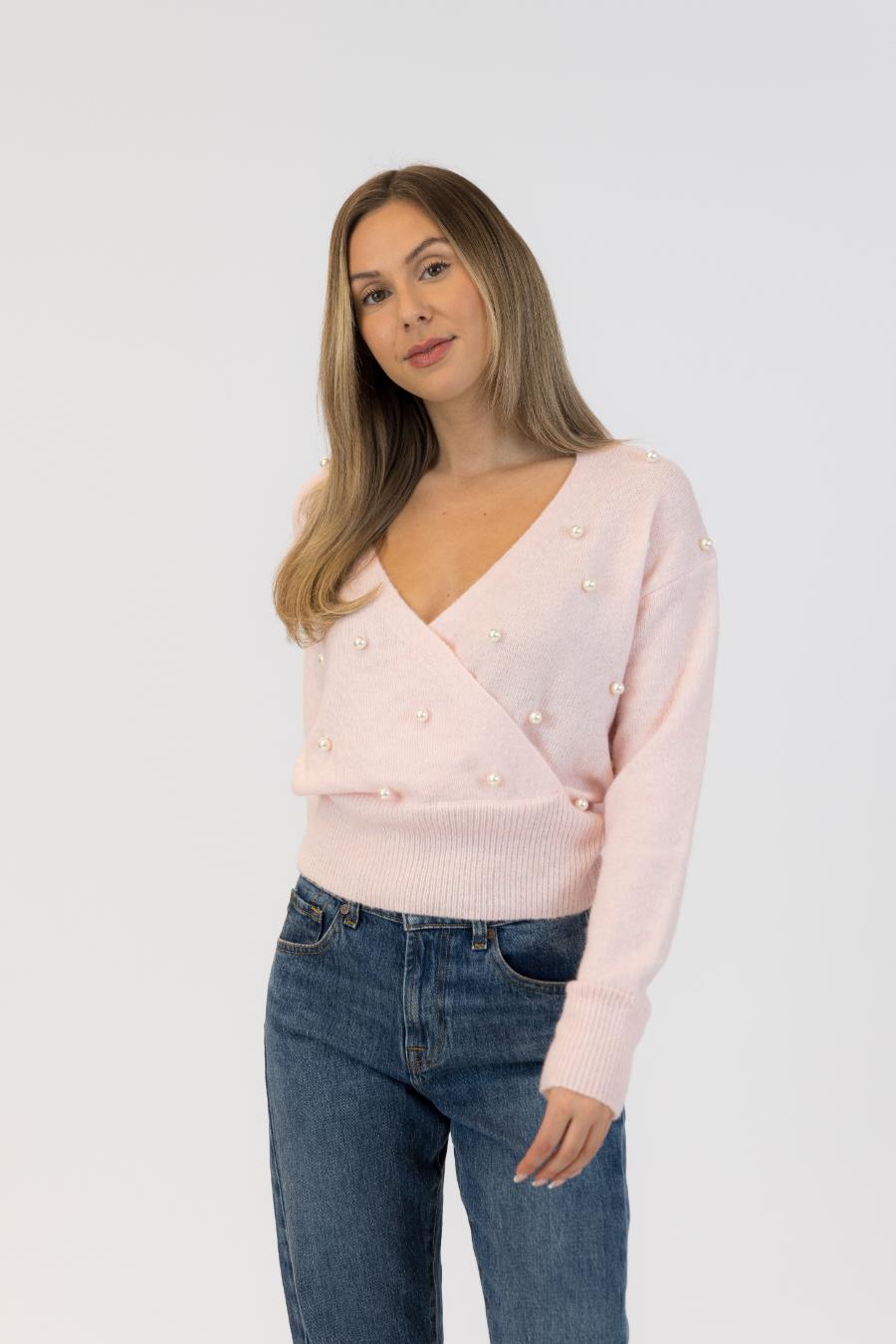 pink wrap sweater with pearls 