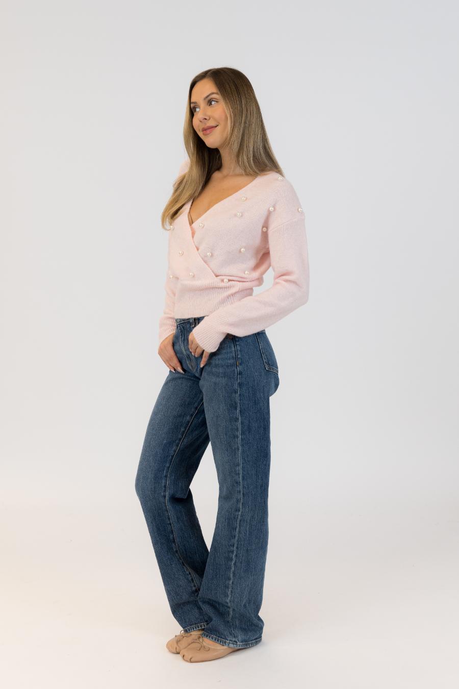 pink wrap sweater with pearls 