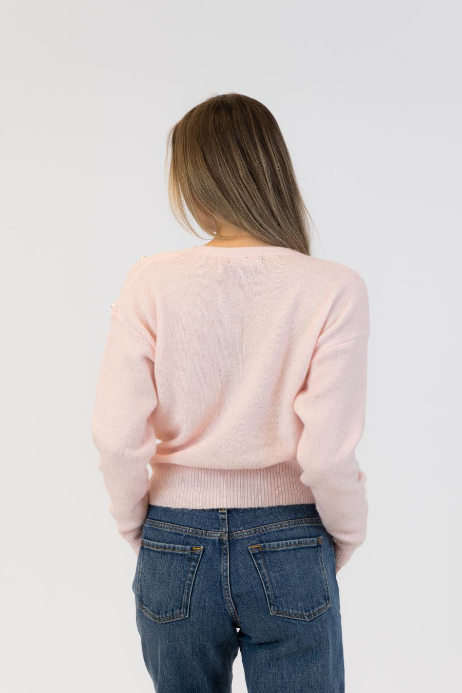pink wrap sweater with pearls 