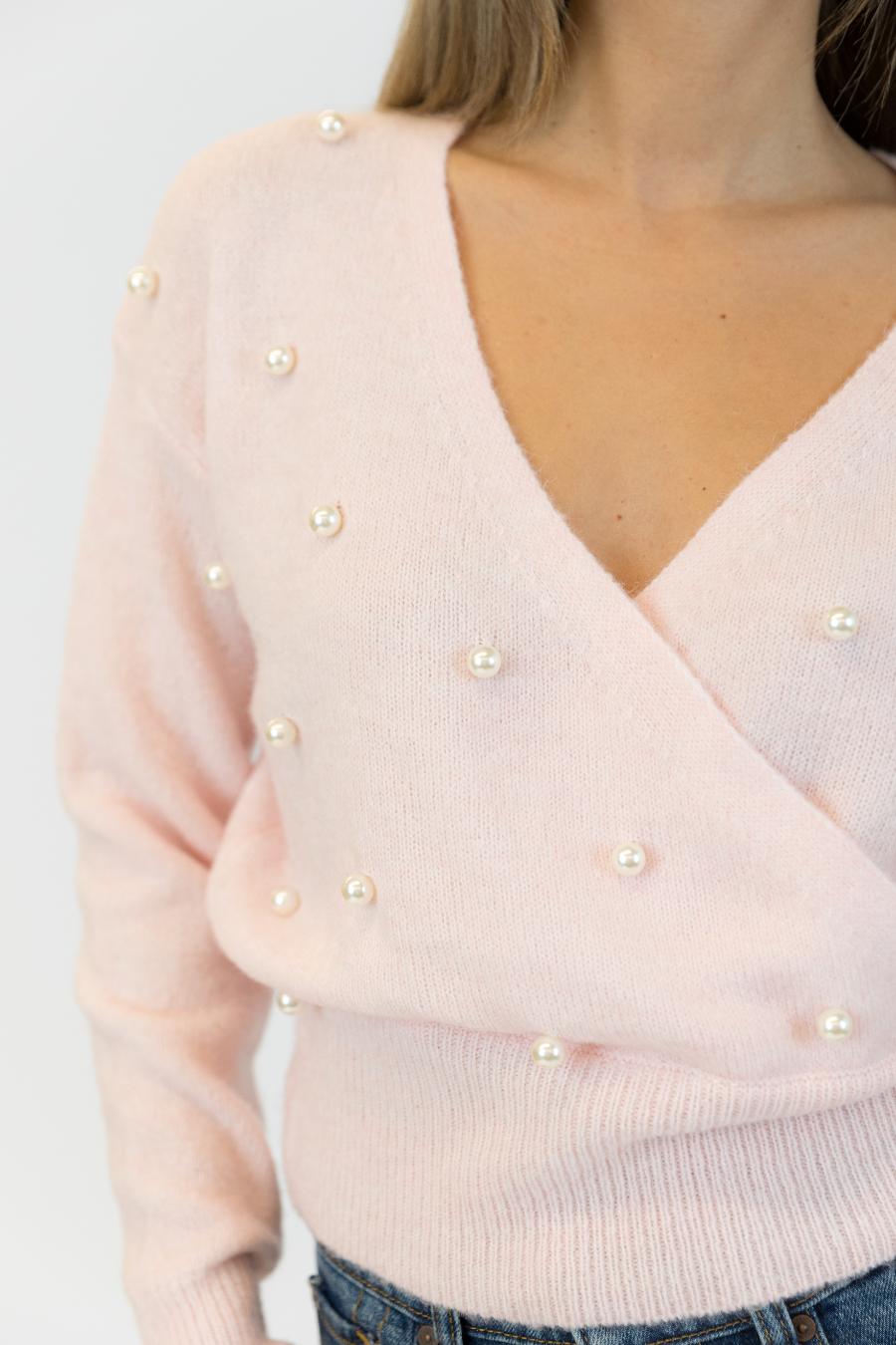 pink wrap sweater with pearls 