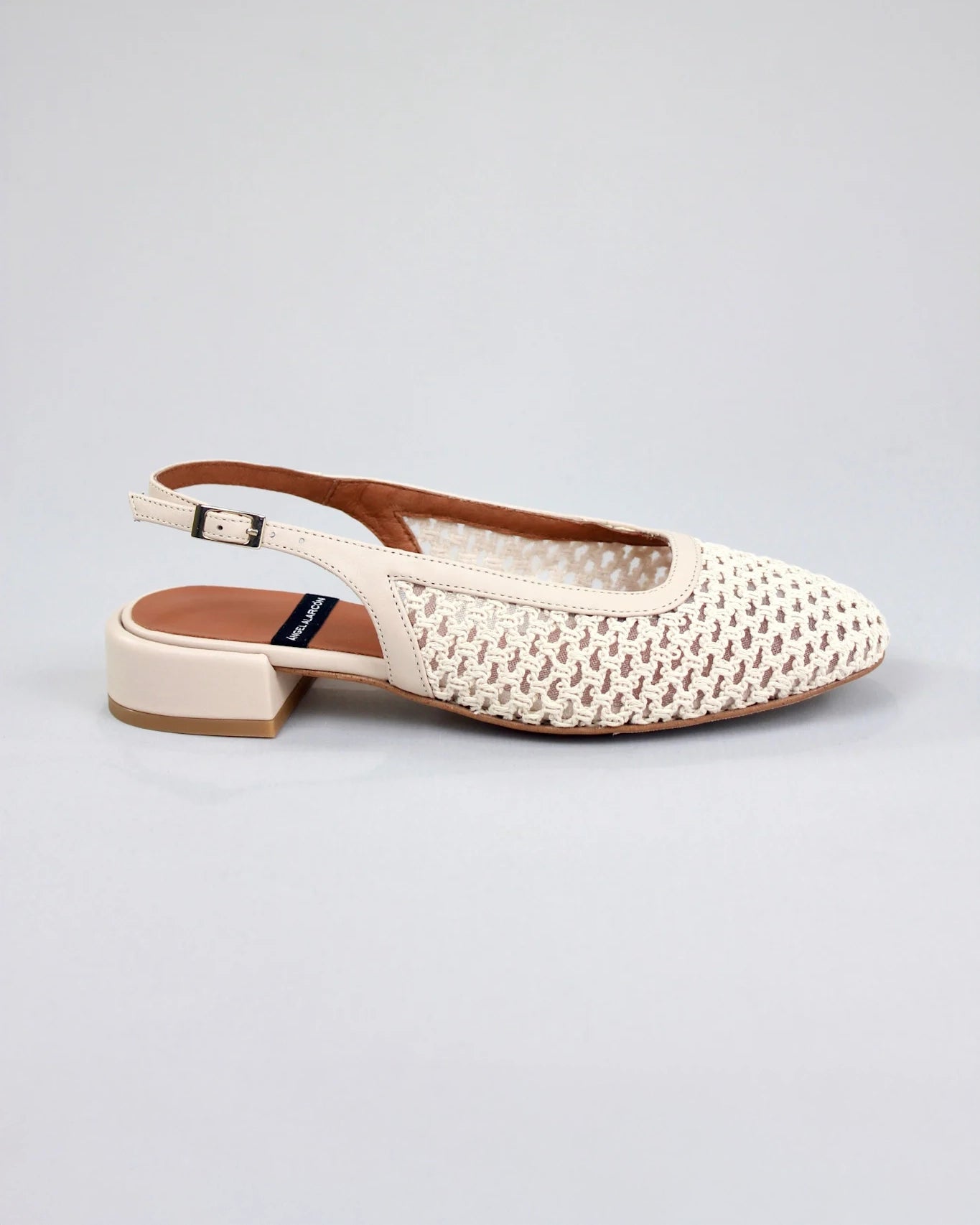 The Angel Alarcon Caroline sling back mesh ivory shoe with a little heel and round toe 