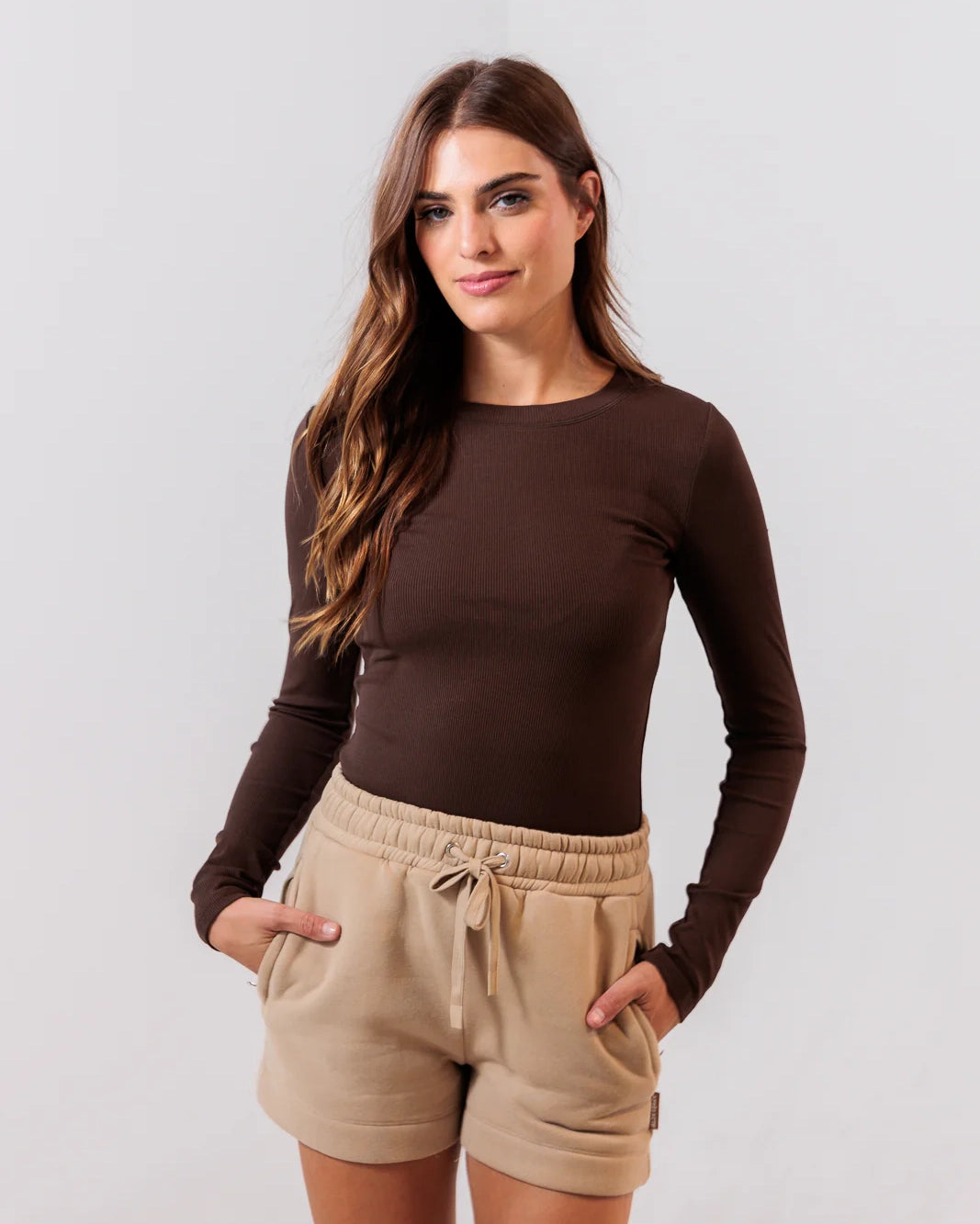 Apres Actif Essential Ribbed Long Sleeve Top in Brown