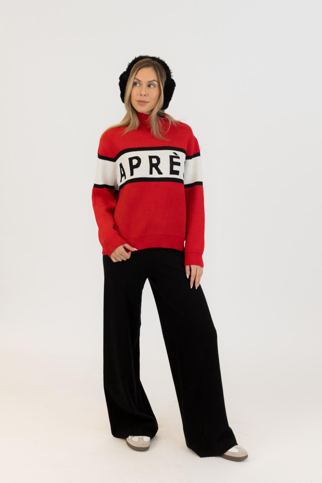 red sweater with whit and black stripe saying apres