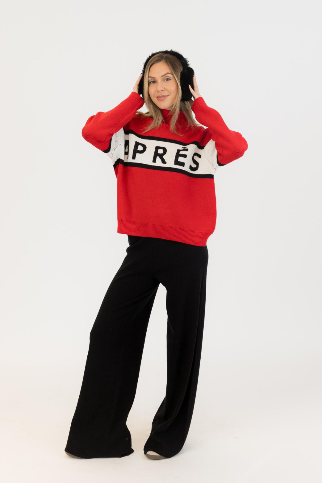 red sweater with whit and black stripe saying apres