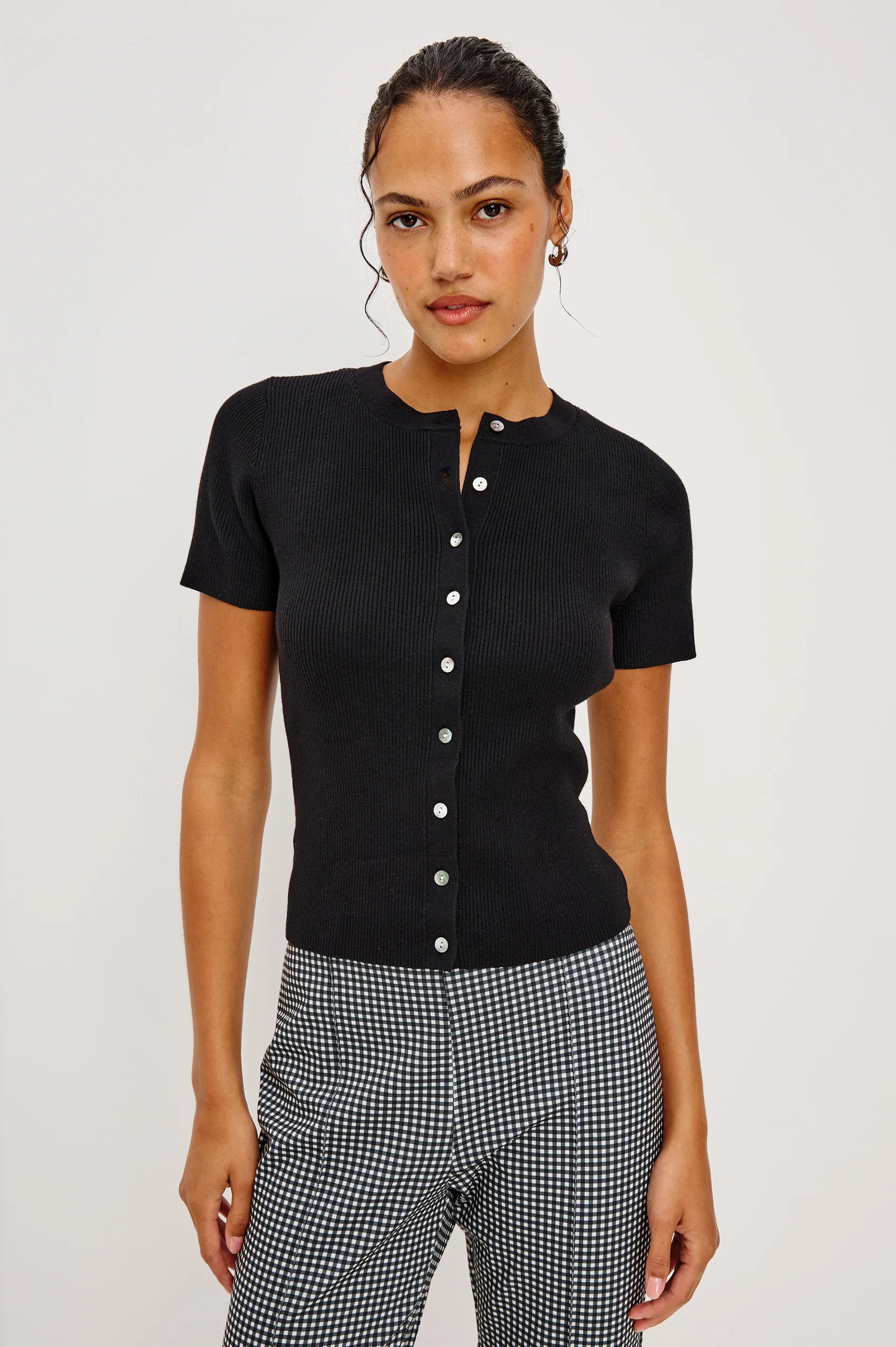 black shot sleeve top with buttons down