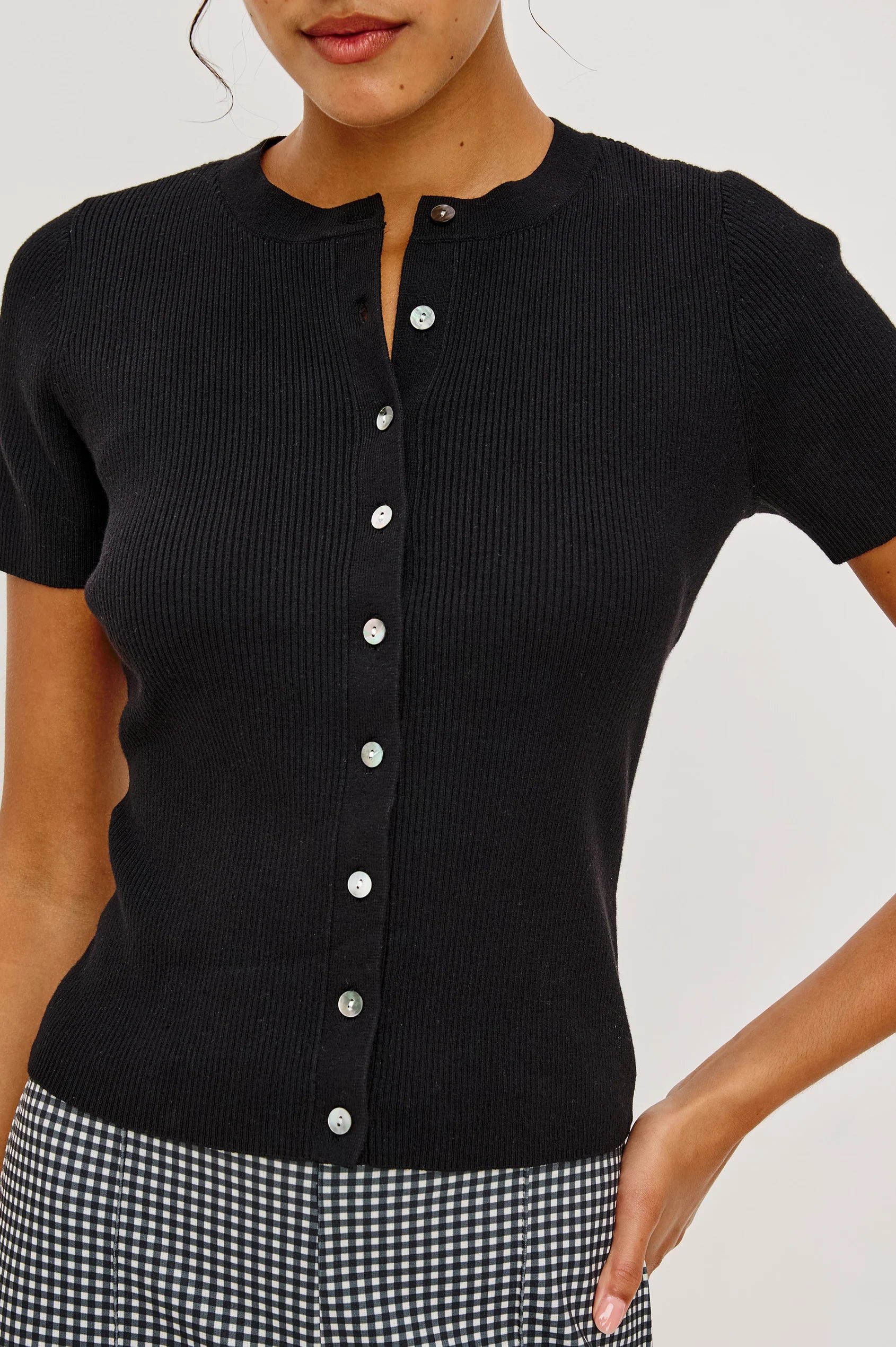 black shot sleeve top with buttons down