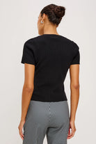 black shot sleeve top with buttons down