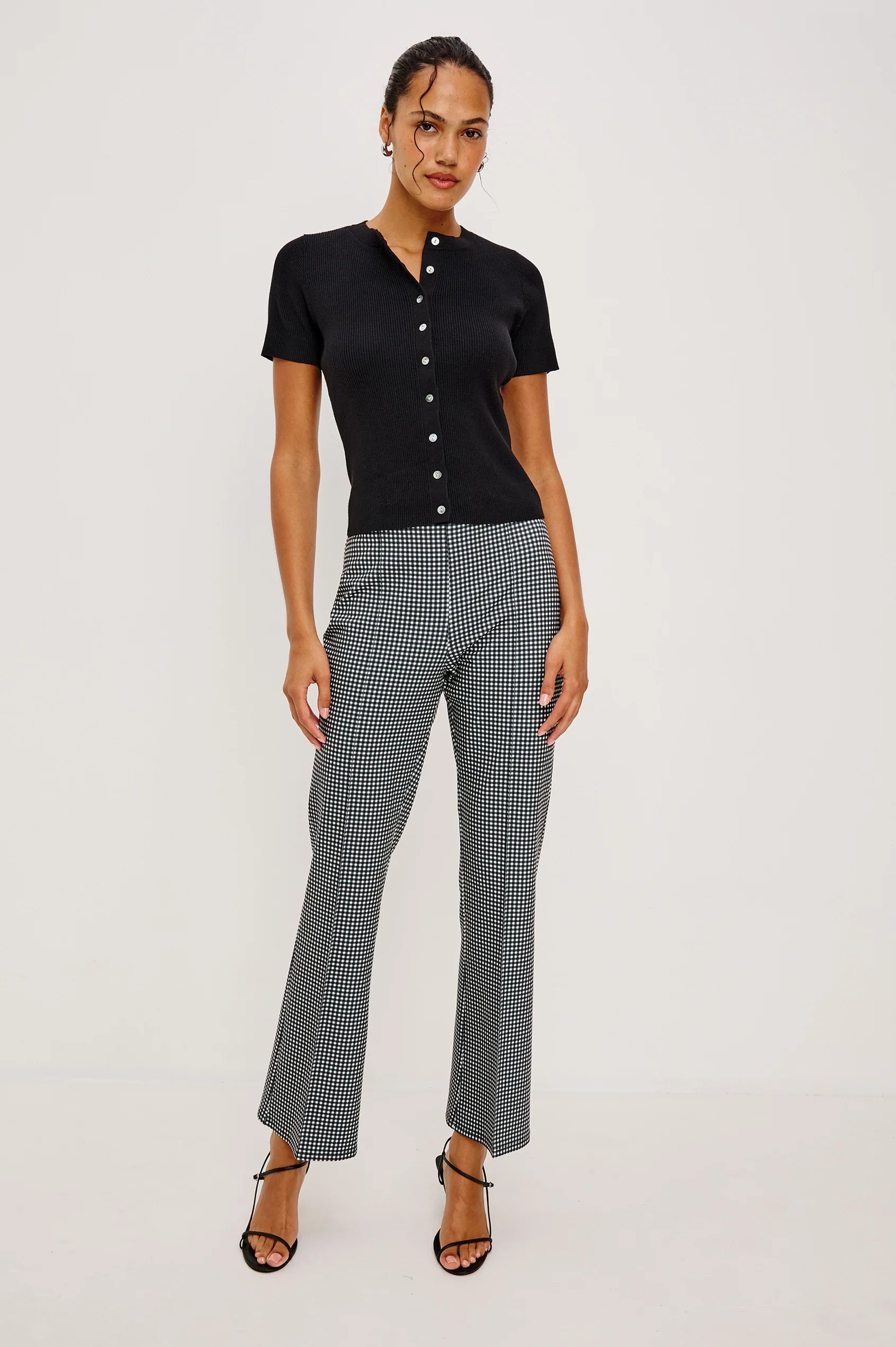 black shot sleeve top with buttons down