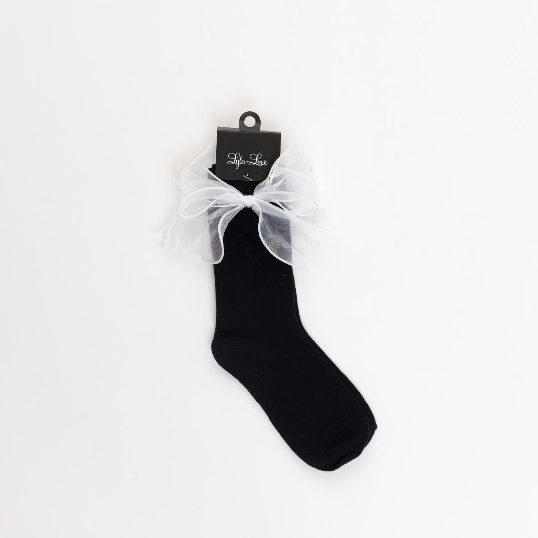 back sock with a white satin bow on the side