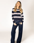 navy, white and red striped cardigan
